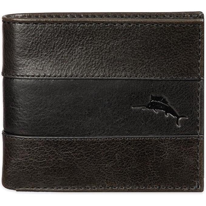 Tommy Bahama Pebbled/smooth Leather Slim Bi-fold Wallet - Two Tone Black Men`s