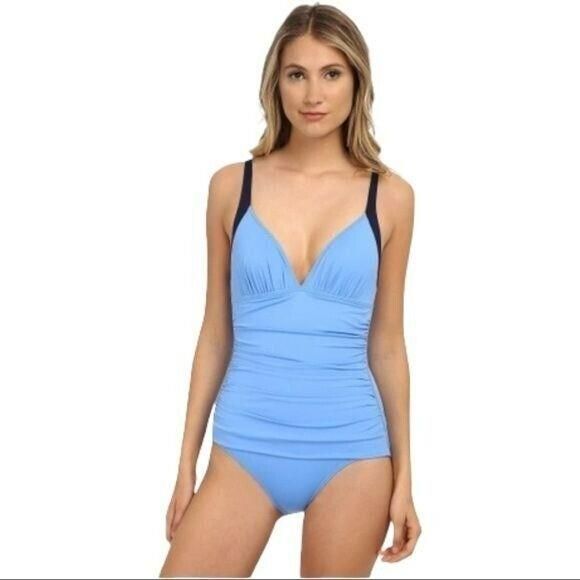 Tommy Bahama Deck Piping Over The Shoulder V-neck One-piece In Blue Size 8