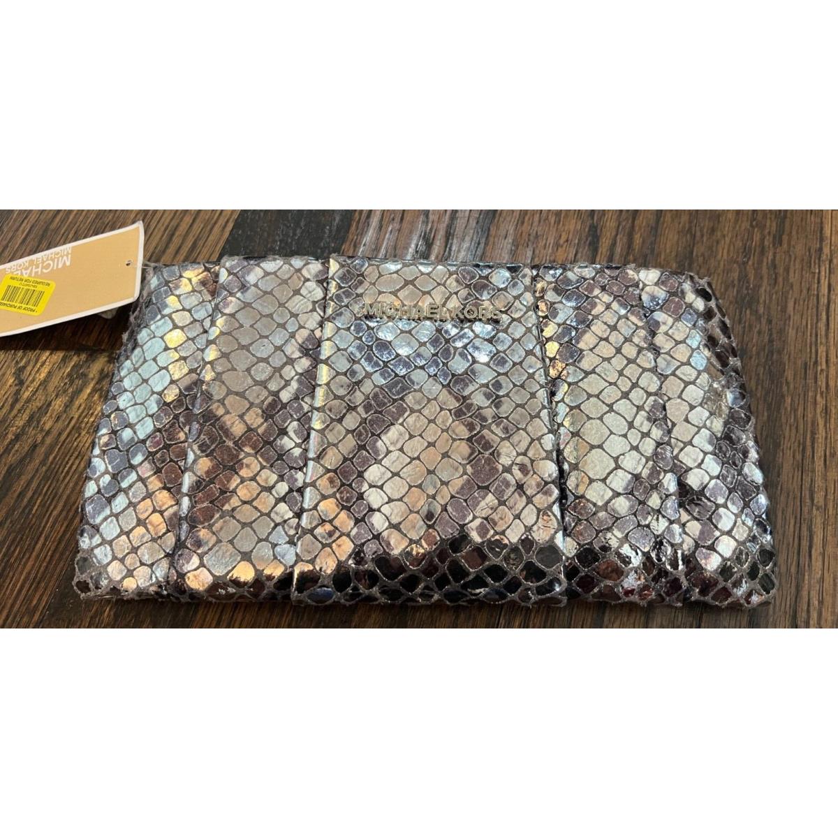 Michael Kors Daria Pleated Clutch Purse Crossbody Leather Silver Snakesk