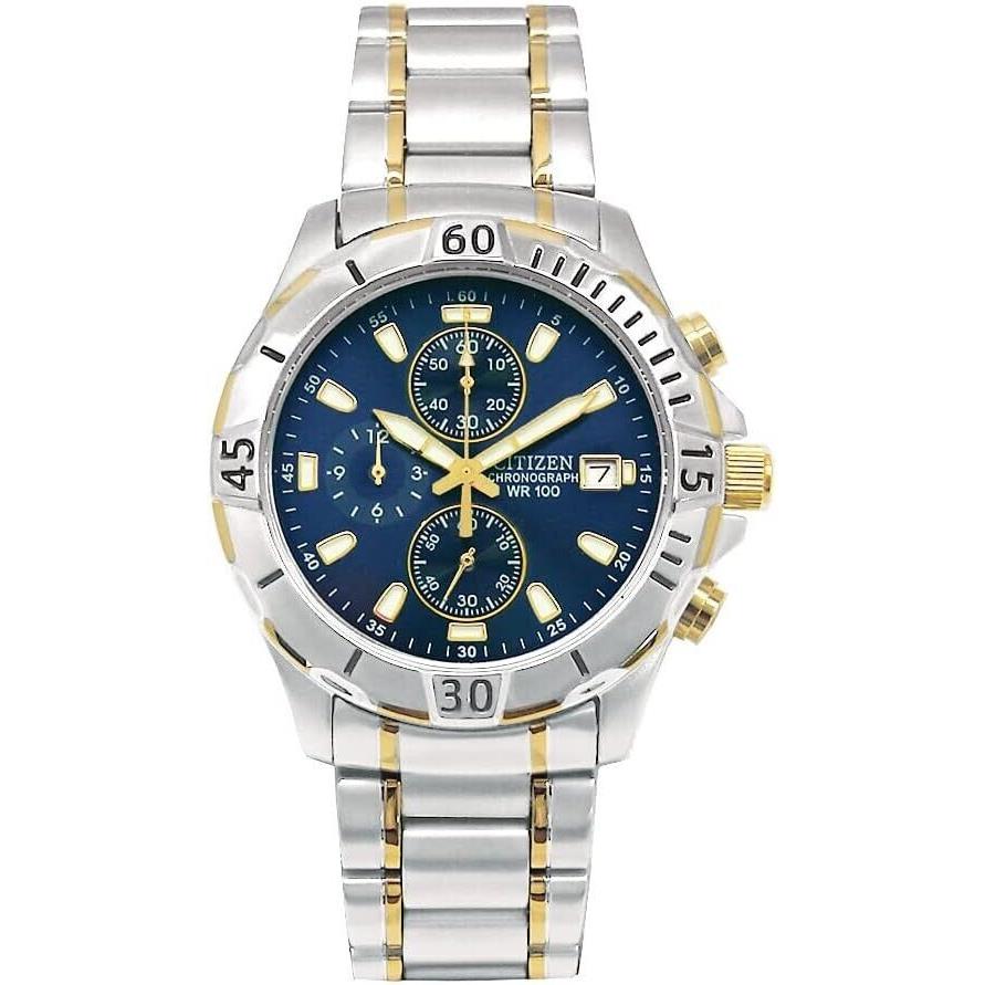 Citizen AN3394-59L Gold Silver Tone Chronograph Date Blue Dial Men`s Watch