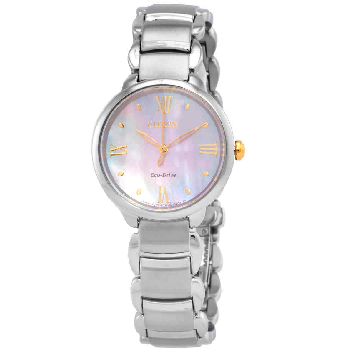 Citizen L Series Eco-drive Mop Dial Ladies Watch EM0927-87Y - Dial: Mother of Pearl, Band: Silver-tone, Bezel: Silver-tone