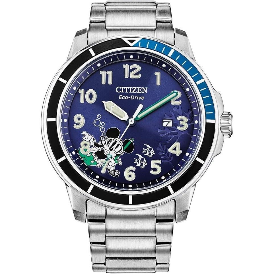 Citizen AW1529-81W Disney Mickey Mouse Series Blue Dial Eco-drive Mens Watch - Dial: Blue, Band: Silver, Bezel: Blue