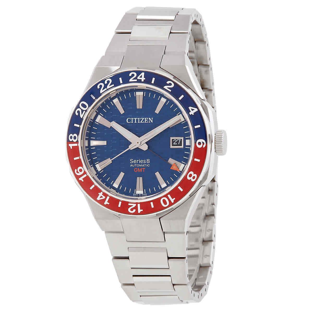 Citizen Series8 Gmt Automatic Blue Dial Men`s Watch NB6030-59L - Dial: Blue, Band: Silver, Bezel: Red, Multicolor, Blue