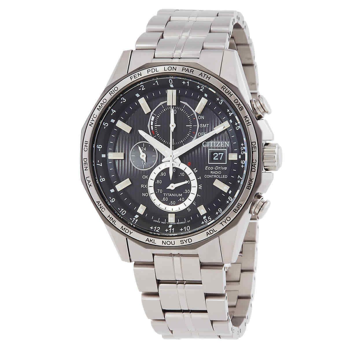 Citizen Promaster Perpetual World Time Chronograph Quartz Black Dial Men`s Watch - Dial: Black, Band: Silver-tone, Bezel: Silver-tone