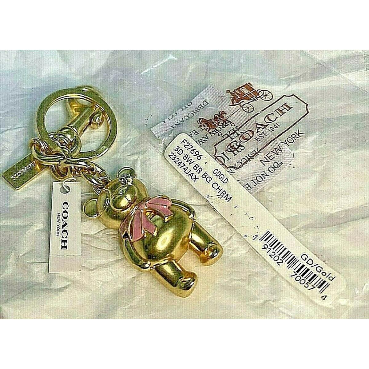 Coach Gold-tone Teddy Bear Bag Charm Key Chain Pink Ribbon F27696