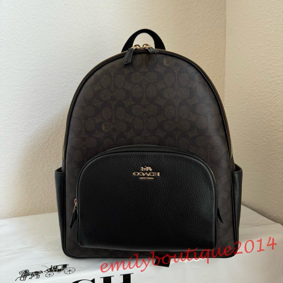 Coach CZ175 Large Court Backpack In Signature Canvas Brown Black Leather Bag
