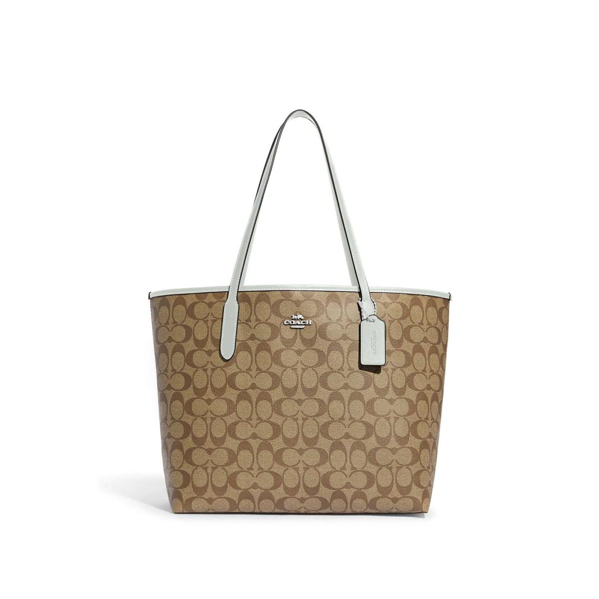 Coach Womens City Tote In Signature Canvas Silver/khaki/light Sage - Exterior: SV / Signature Khaki / Sage