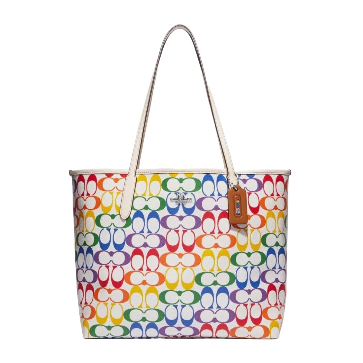 Coach City Tote In Rainbow Signature Canvas Leather C4181 Chalk Multi