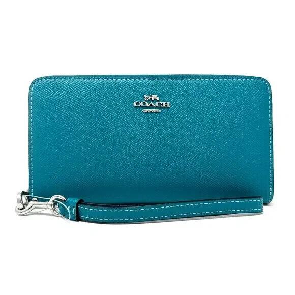 Coach C3441 Long Zip Around Wallet Wristlet Card Coin Bill Teal Silver