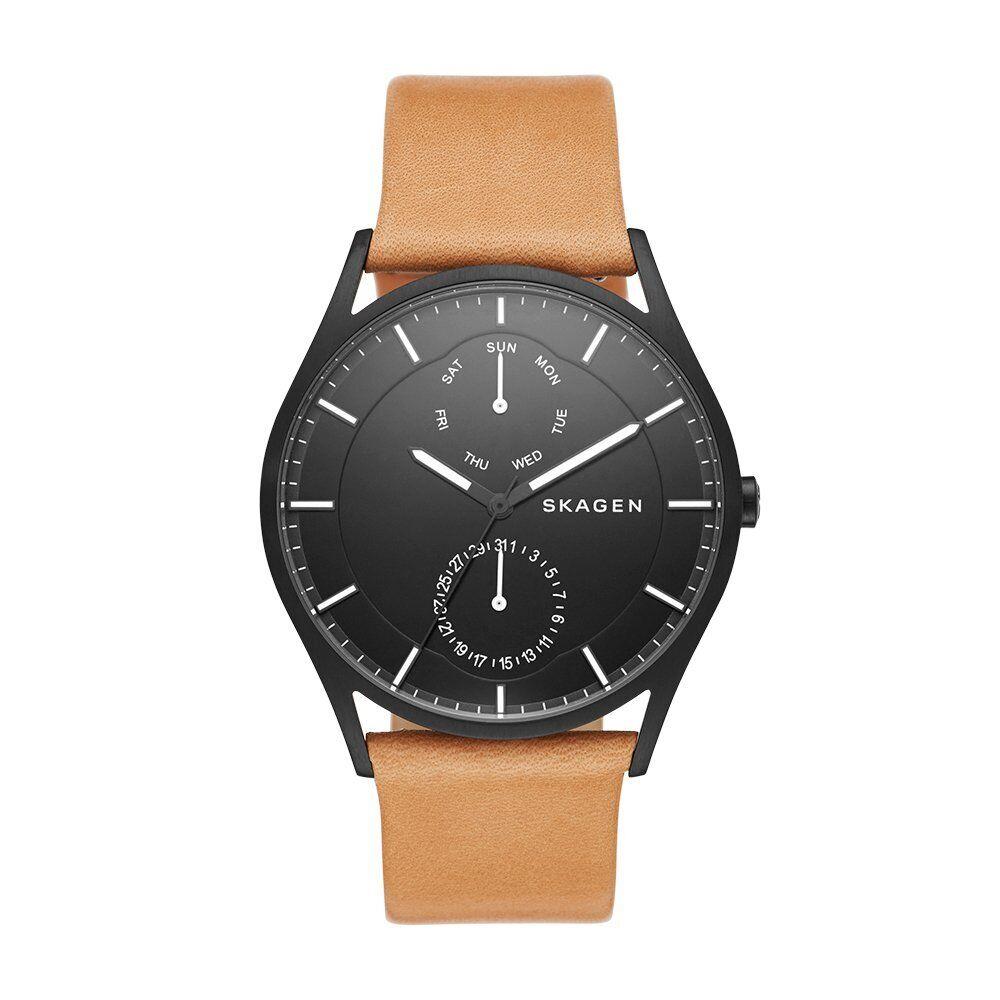 Skagen Holst Multifunction Black Dial Light Brown Band Men`s Watch SKW6265 - Brown, Dial: Black, Band: Light Brown