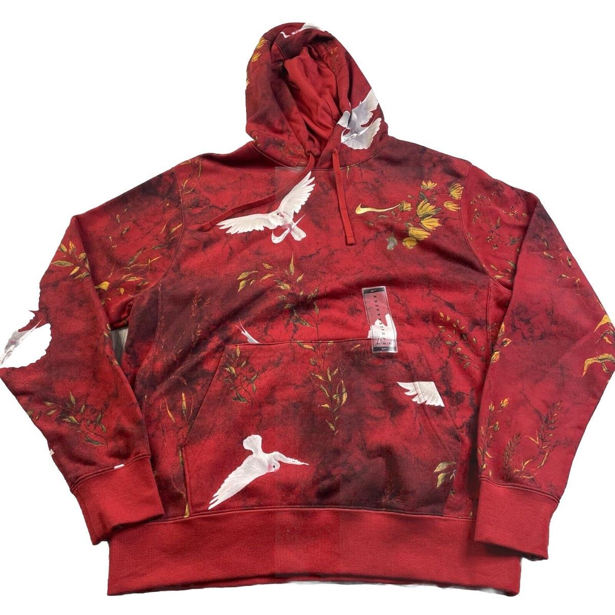 Nike Mens Club Hoodie Red White Dove Bird Print Mens Medium Sweater