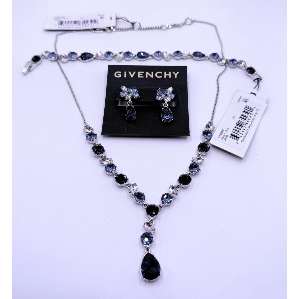 Givenchy Signed Silver Tone Necklace Bracelet Earrings Blue Clear Crystals