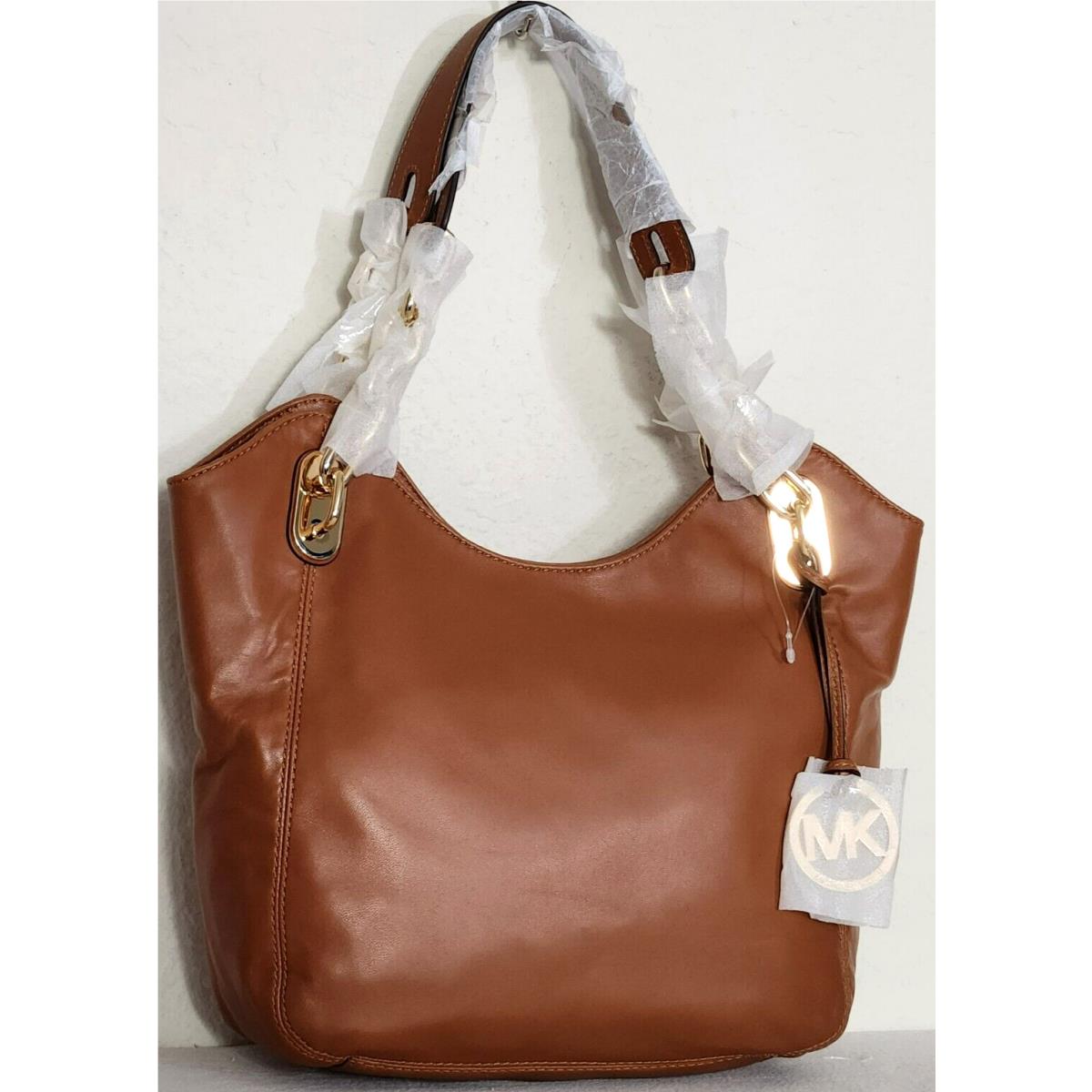 Michael Kors Lilly Walnut Brown Leather Gold Logo Chain Medium Tote Bag