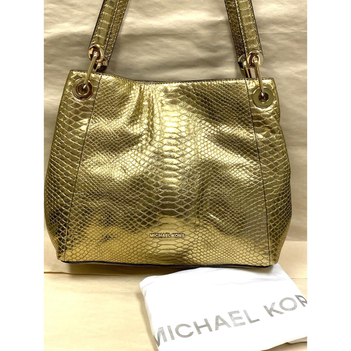 Michael Kors Raven Large Shoulder Tote Gold Metallic Snake Emb Leather Bag