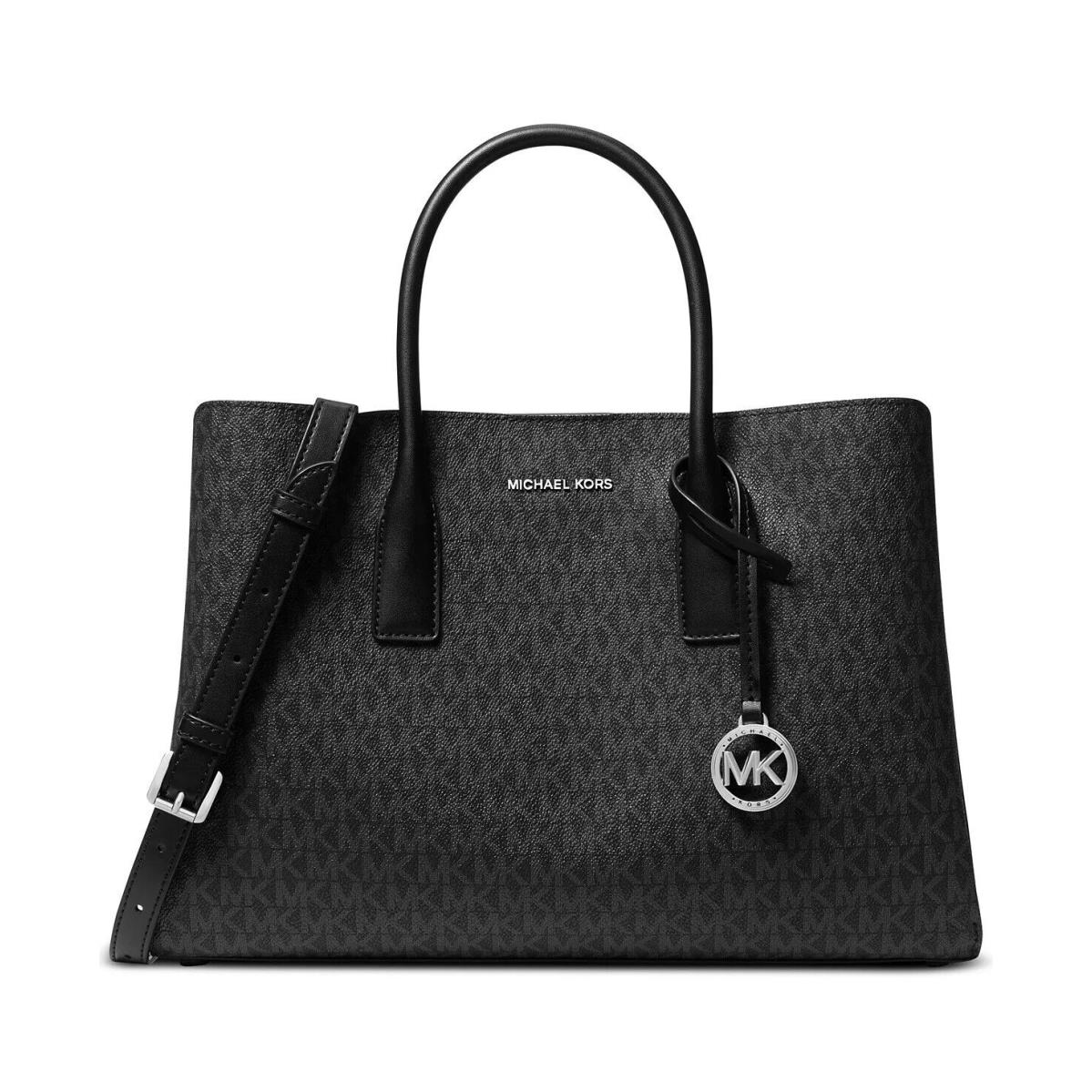 Michael Kors Ruthie Signature Logo Silver Hardware Large Satchel Bag - Handle/Strap: Black, Hardware: Silver, Exterior: Black