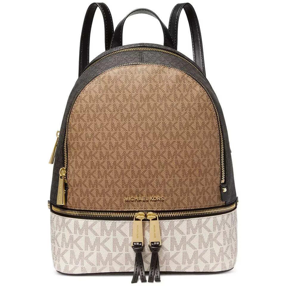 Michael Kors Rhea Zip Medium MK Signature Backpack School Bag Brown Husk