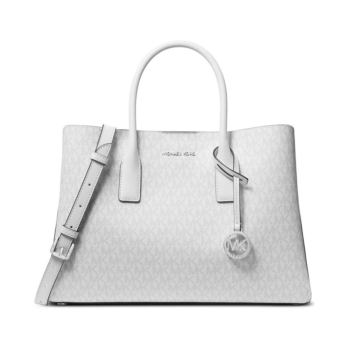 Michael Kors Ruthie Signature Logo Silver Hardware Large Satchel Bag - Handle/Strap: White, Hardware: Silver, Exterior: White