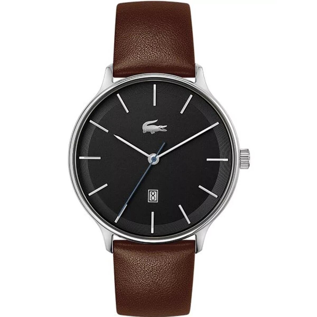 New- Lacoste Men`s Brown Leather Strap Stainless Steel Black Dial Watch 42mm