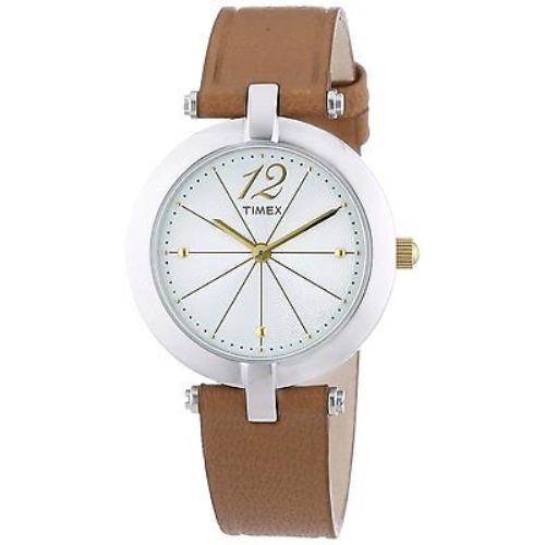 New-timex Silver Tone Brown Luggage Leather Band White Dial Classic WATCH-T2P543 - Dial: White, Band: Brown