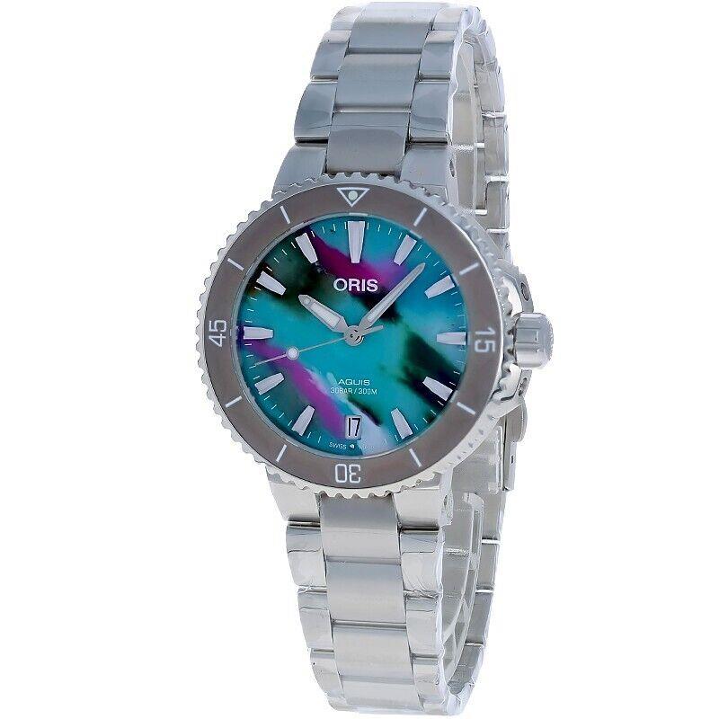 Oris Aquis Date Upcycle Pet Dial 36.5 mm Unisex Watch 01 733 7770 4150-Set - Dial: Multicolor, Band: Silver, Bezel: Silver