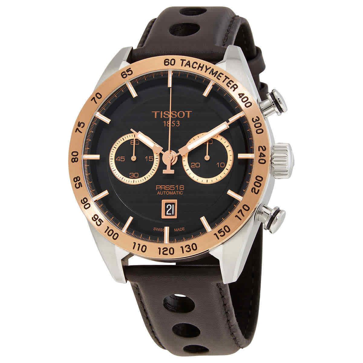 Tissot Prs 516 Chronograph Automatic Black Dial Men`s Watch T9254274605101 - Dial: Black, Band: Black, Bezel: Gold