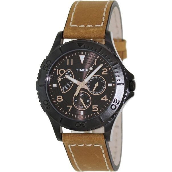 New-timex Camel Brown Leather Black Dial Retrograde Quartz Watch T2P040