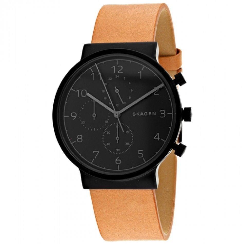 Men`s Skagen Ancher Black Dial Tan Leather Watch SKW6359 - Black Dial, Brown Band