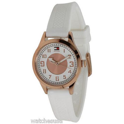 Tommy Hilfiger 1781114 White Dial Rubber Strap Women`s Watch - Dial: White, Band: White, Bezel: Rose Gold