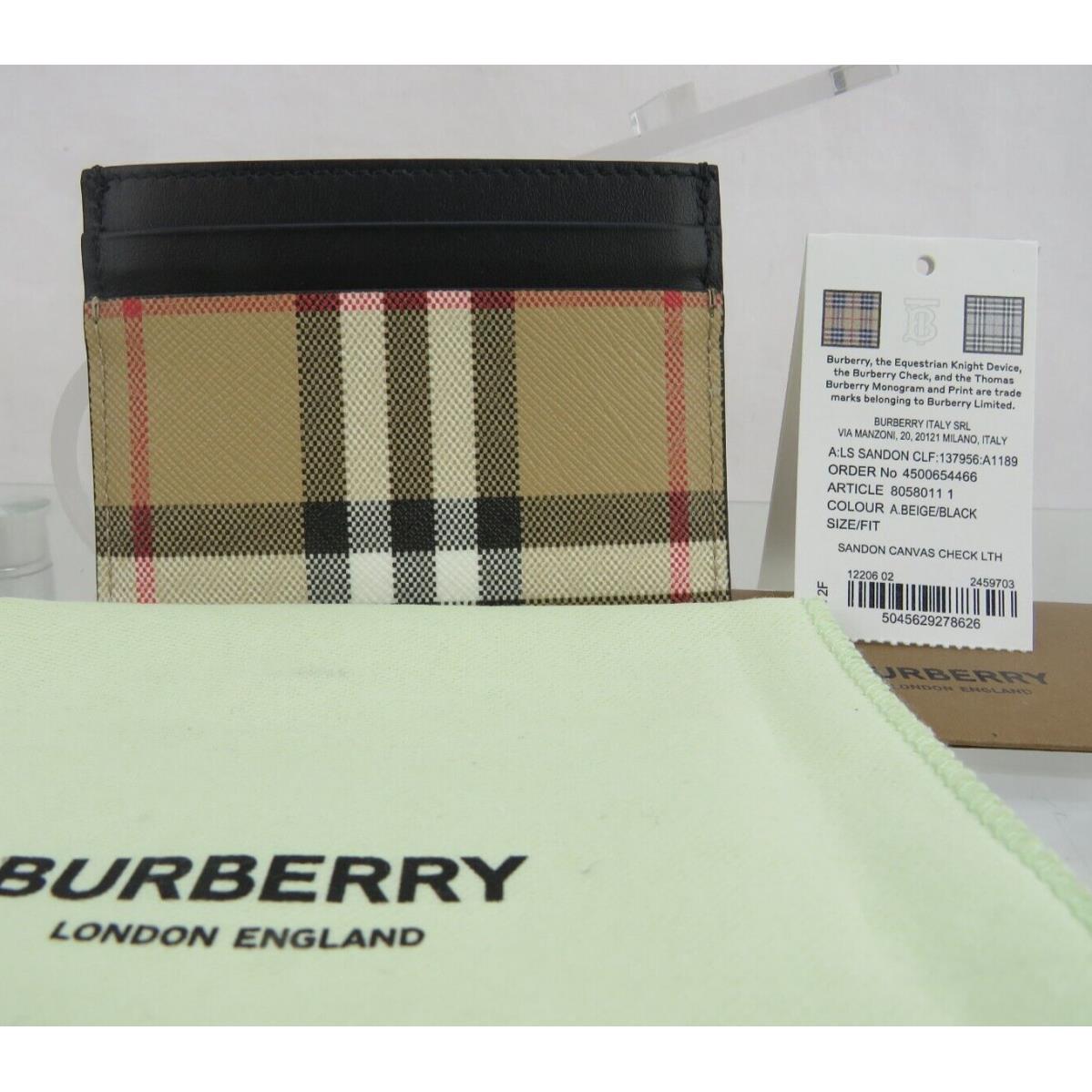 Burberry Sandon Beige Check Black Coated Canvas Lth Logo Card Holder Wallet