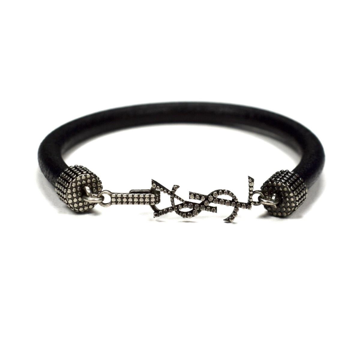 Saint Laurent Black Leather Silver Ysl Opyum Logo Bracelet M