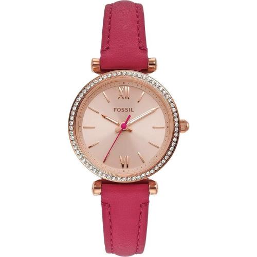 Fossil Women`s Carlie Mini Rose Gold Dial Fuchsia Leather Watch ES5006