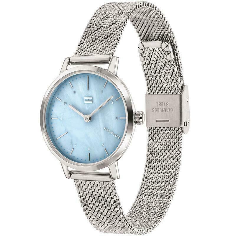 Tommy Hilfiger Silver Tone Blue Mop Dial Mesh Bracelet Small Watch 1782041