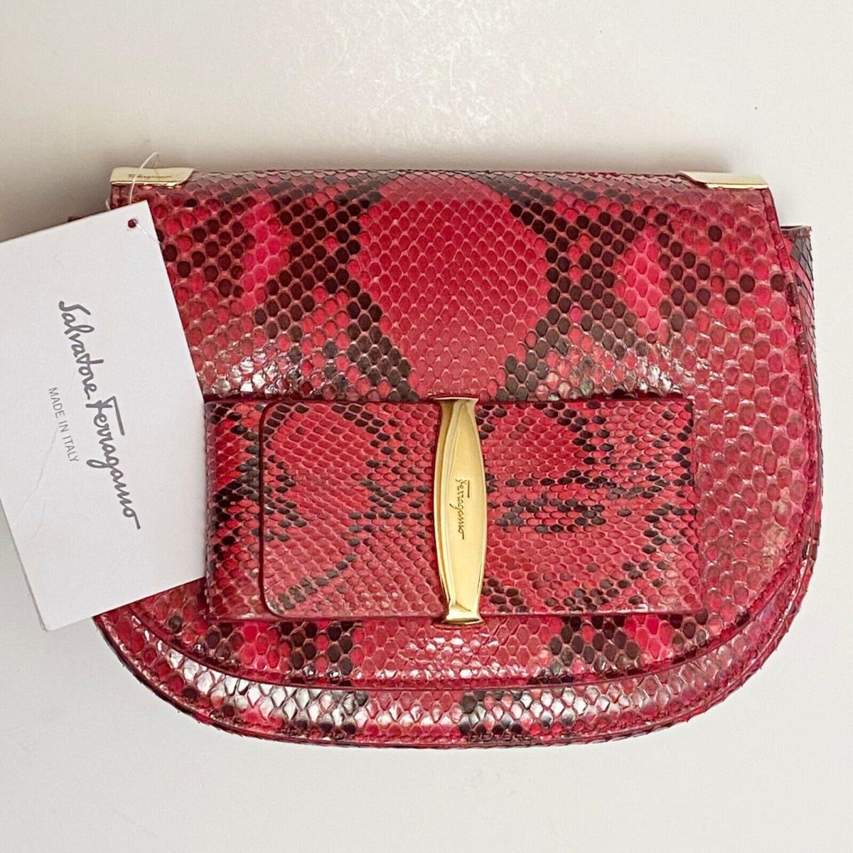 Salvatore Ferragamo Anna Red Snake Exotic Leather Saddle Bag Clutch Handbag