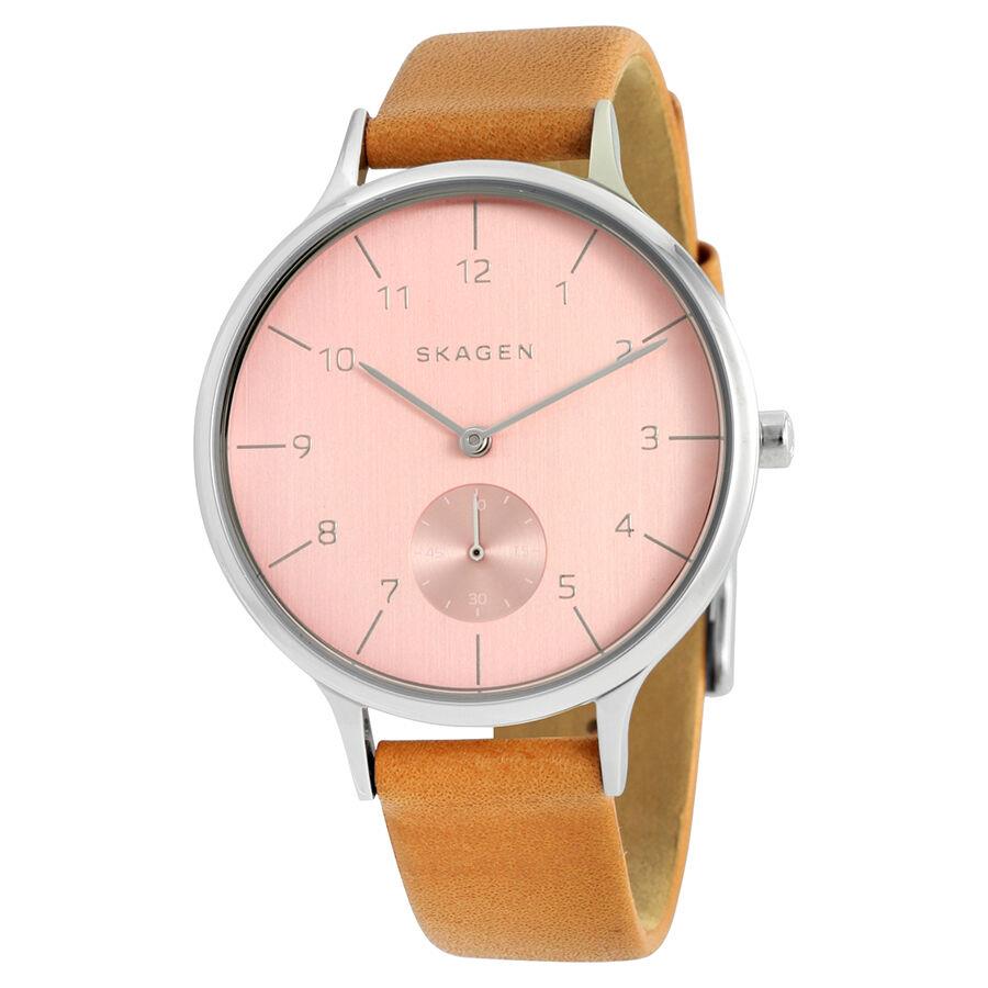 Skagen Denmark Silver+pink Dial Tan Luggage Brown Leather Band Watch SKW2406