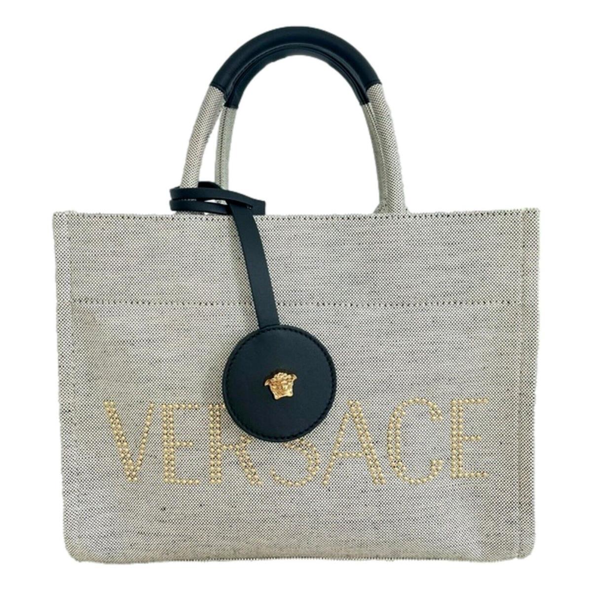 Versace Ecru Canvas Studded Logo Mini Totebag