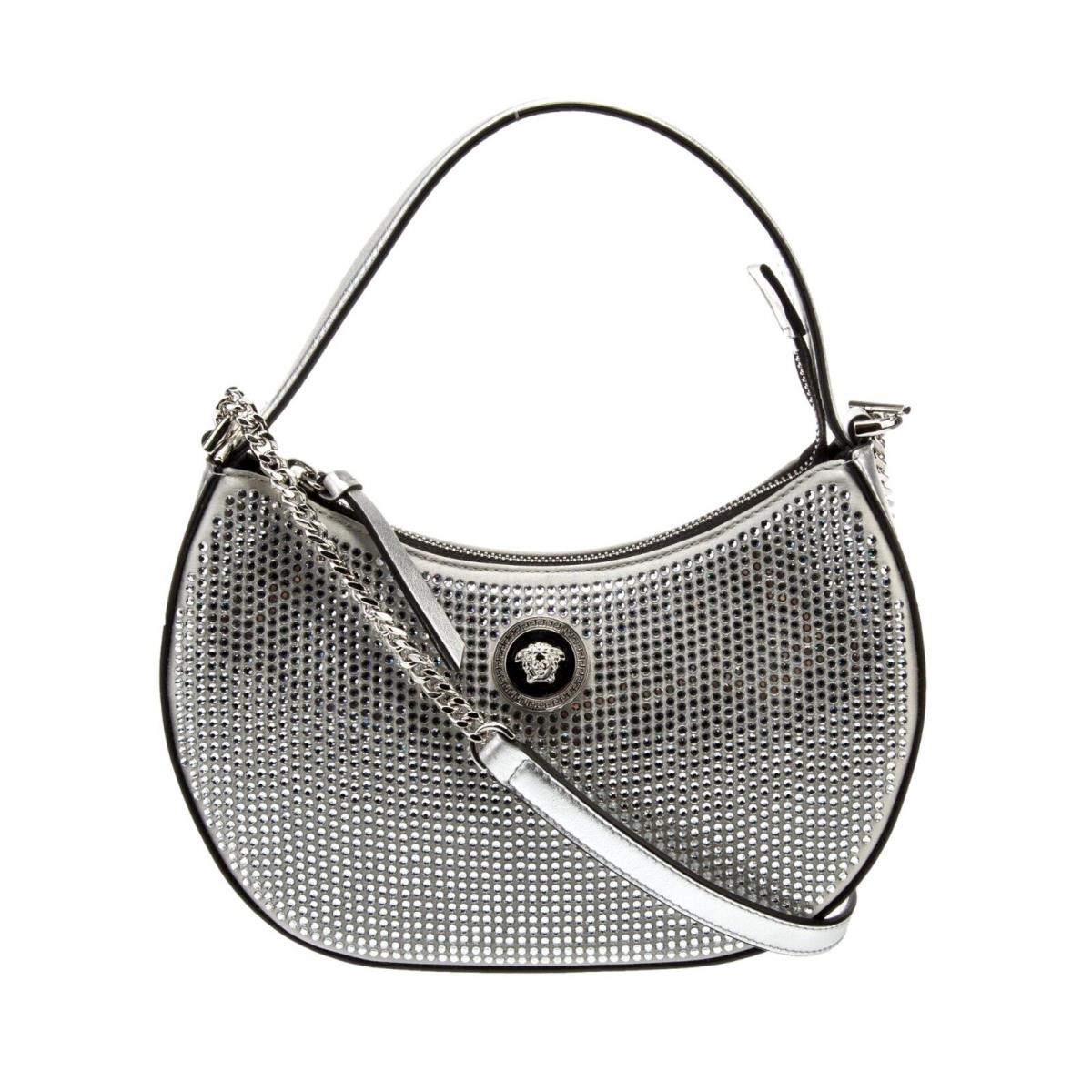 Versace La Medusa Crystal Half Moon Hobo Shoulder Crossbody Bag Silver