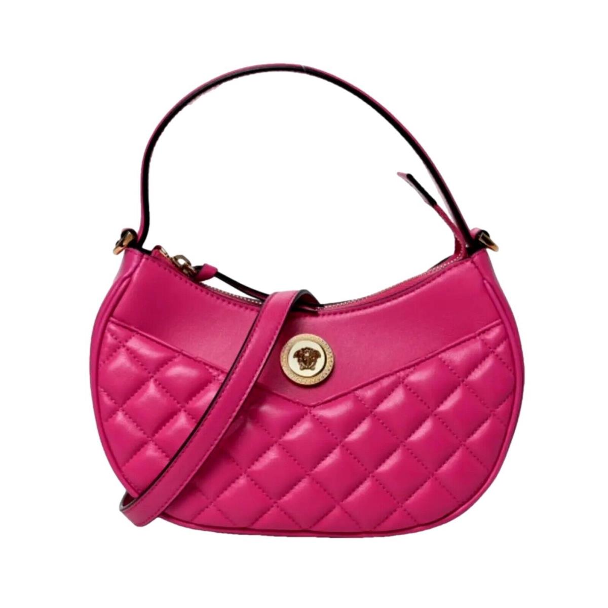 Versace La Medusa Half Moon Hobo Shoulder Crossbody Bag Pink Leather - Handle/Strap: Pink, Hardware: Gold, Exterior: Pink