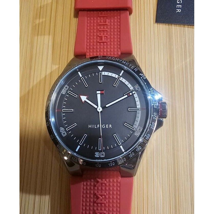 Tommy Hilfiger Sports Watch with 46mm Gunmetal Grey Face Red Silicone Band