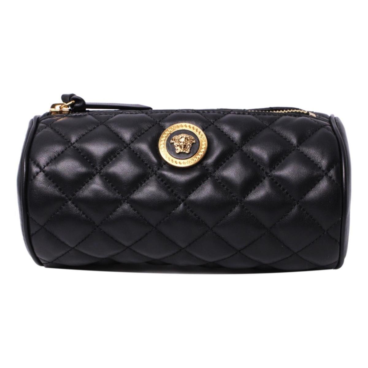 Versace Black Leather Medusa Quilted Cosmetic Bag Clutch EW