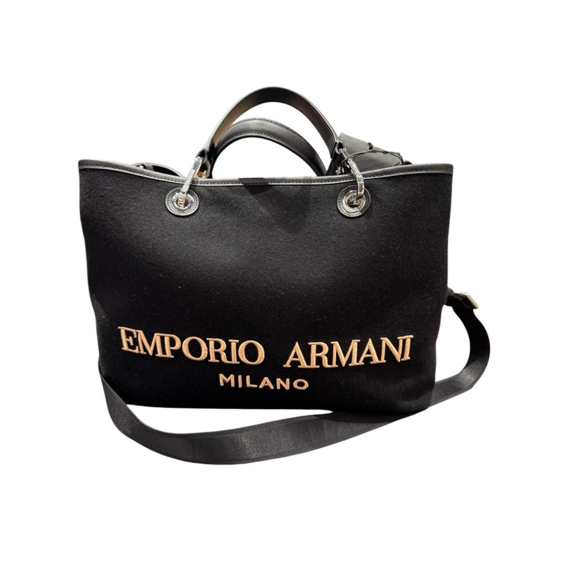 Emporio Armani Black Felt/leather Shopping Tote Shoulder Bag with Gold Logo