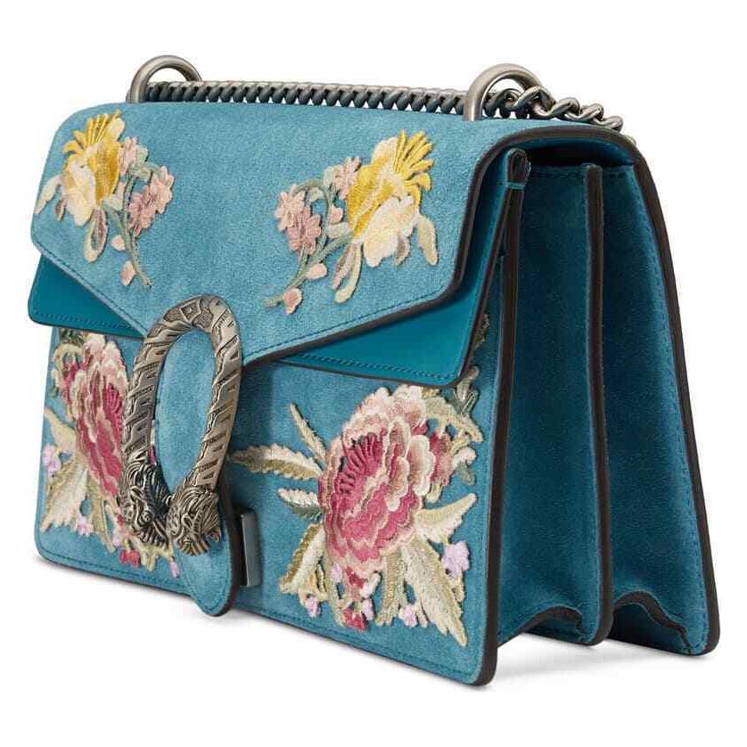 Gucci Dionysus Blue Small Suede Floral Applique Shoulder Bag