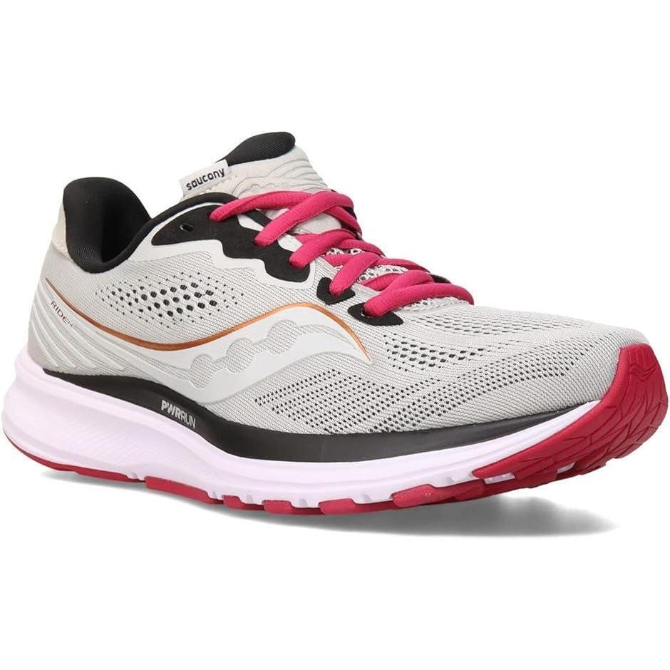 Saucony Women`s Ride 14 Comfortable Running Shoes - FOG/CHERRY