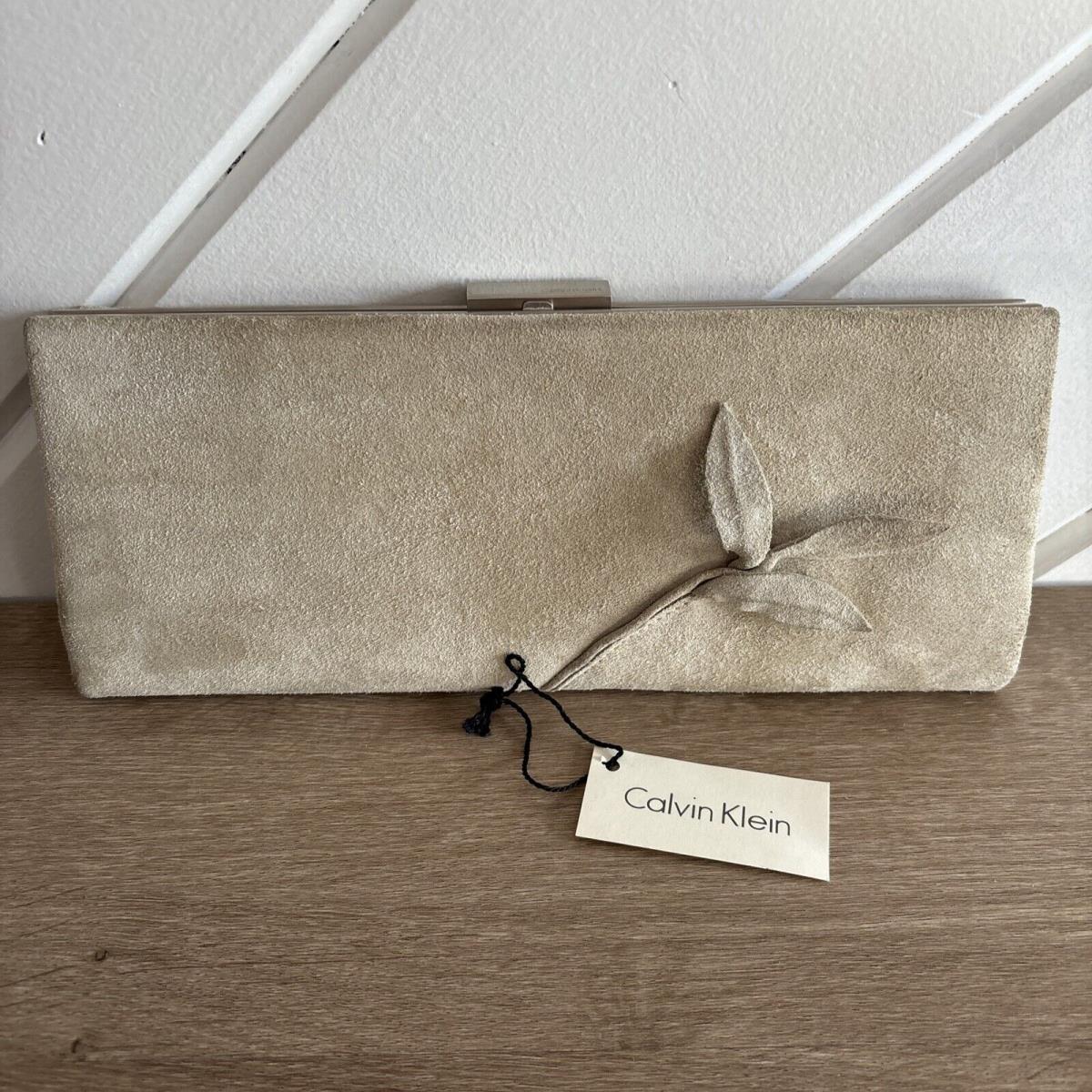 Calvin Klein Leather Suede Quarry Beige Clutch Purse Leaves RALE309016 Italy