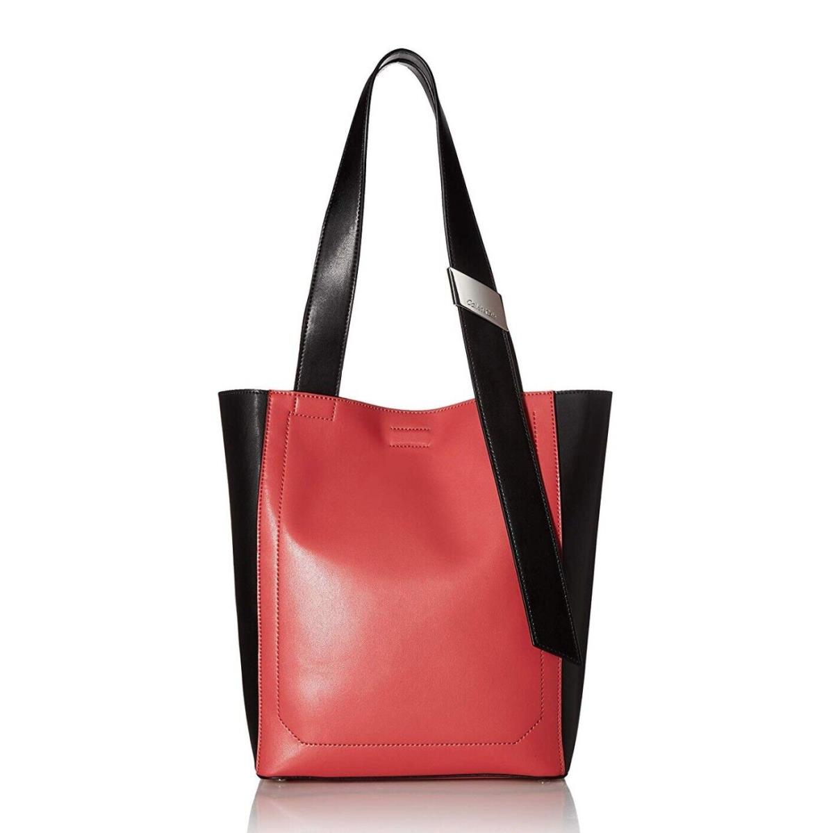 Calvin Klein Black Pink Two Tone Leather Karsyn Tote Bag - Black, Exterior: Pink