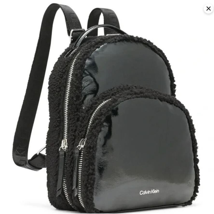 Calvin Klein Estelle Sherpa and Patent Leather Backpack - Black