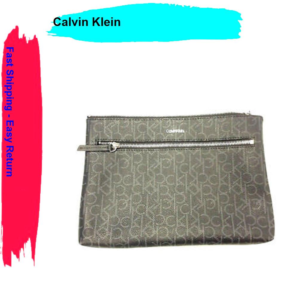 Calvin Klein Men`s Saffiano Leather Color Stripe Zip Pouch Black