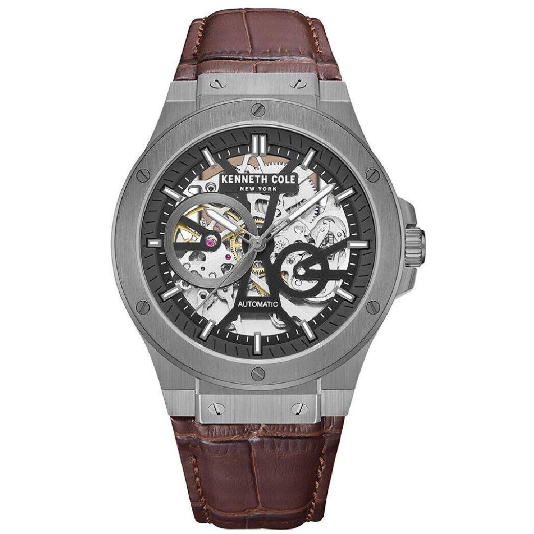 Men`s Kenneth Cole Leather Strap Automatic Skeleton Watch KCWGE0033502