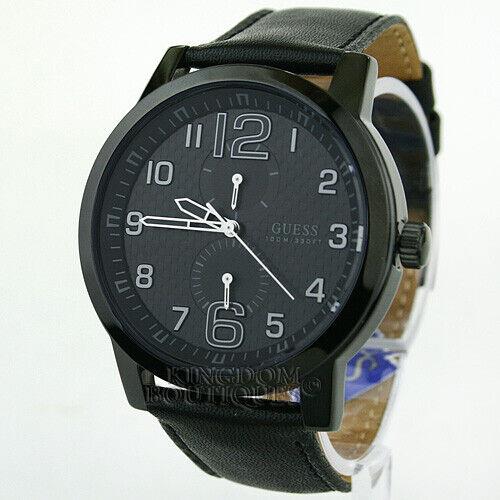 Guess Mens Watch Casual Black Leather Steel Waterpro Quartz 100M Reloj