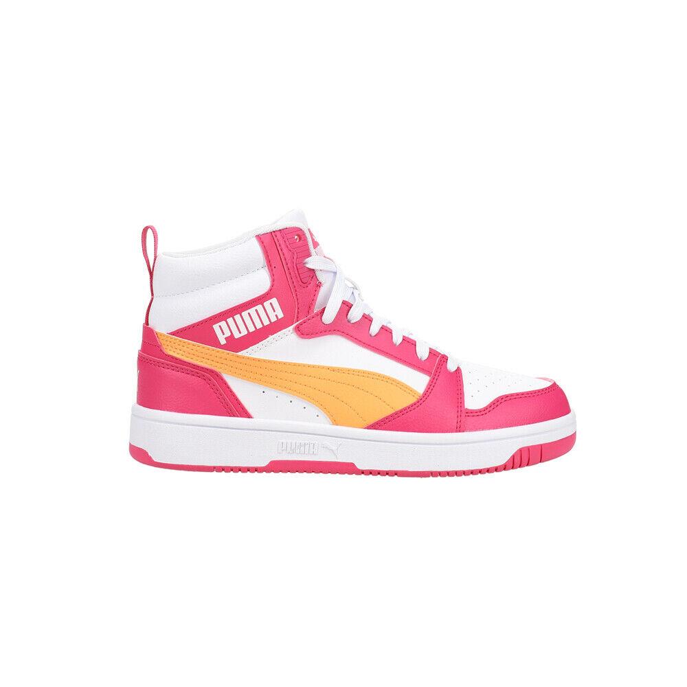 Puma Rebound V6 Mid High Top Youth Girls Pink White Sneakers Casual Shoes 3938 - Pink, White