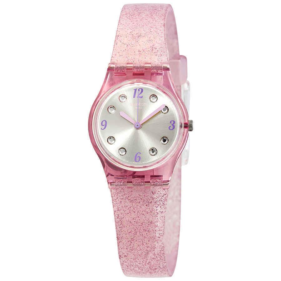 Swatch Rose Glistar Grey Dial Pink Glitter Silicone Leadies Watch LP132C